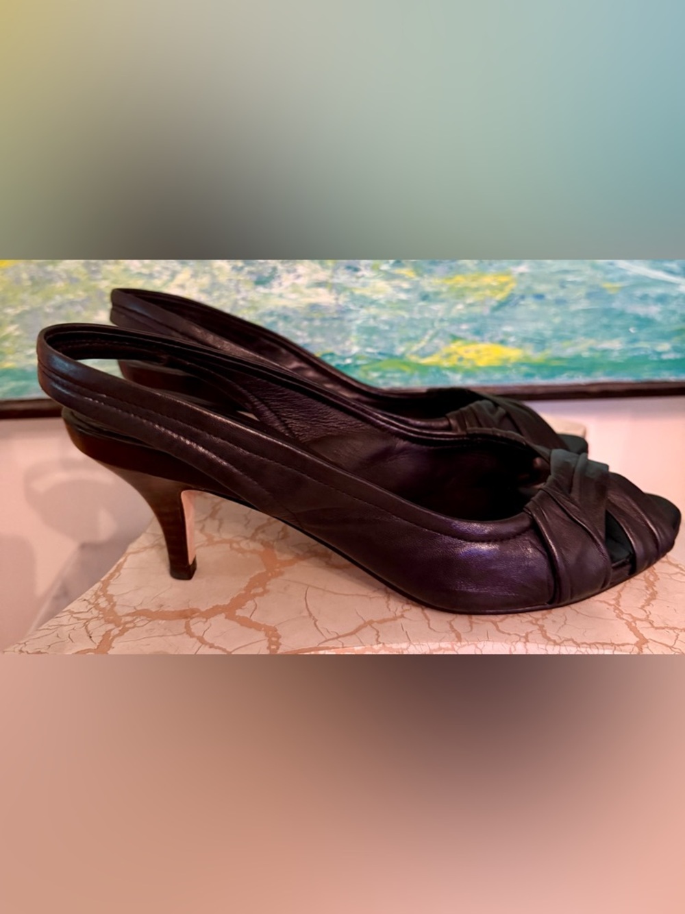 Cole Haan Black Soft Leather Slingback Peep-Toe Heels